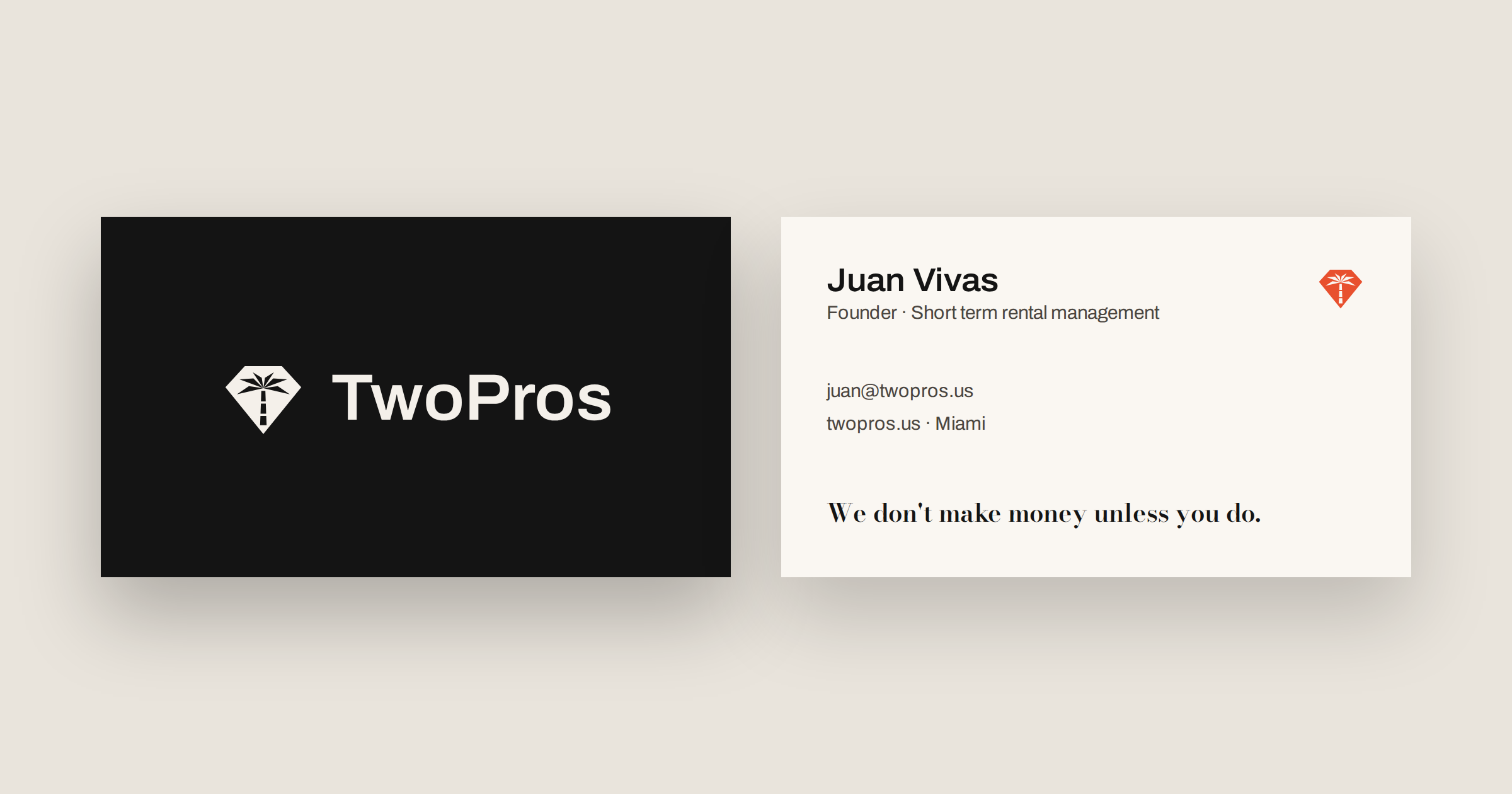 Mockup of a TwoPros business card for Juan Vivas.