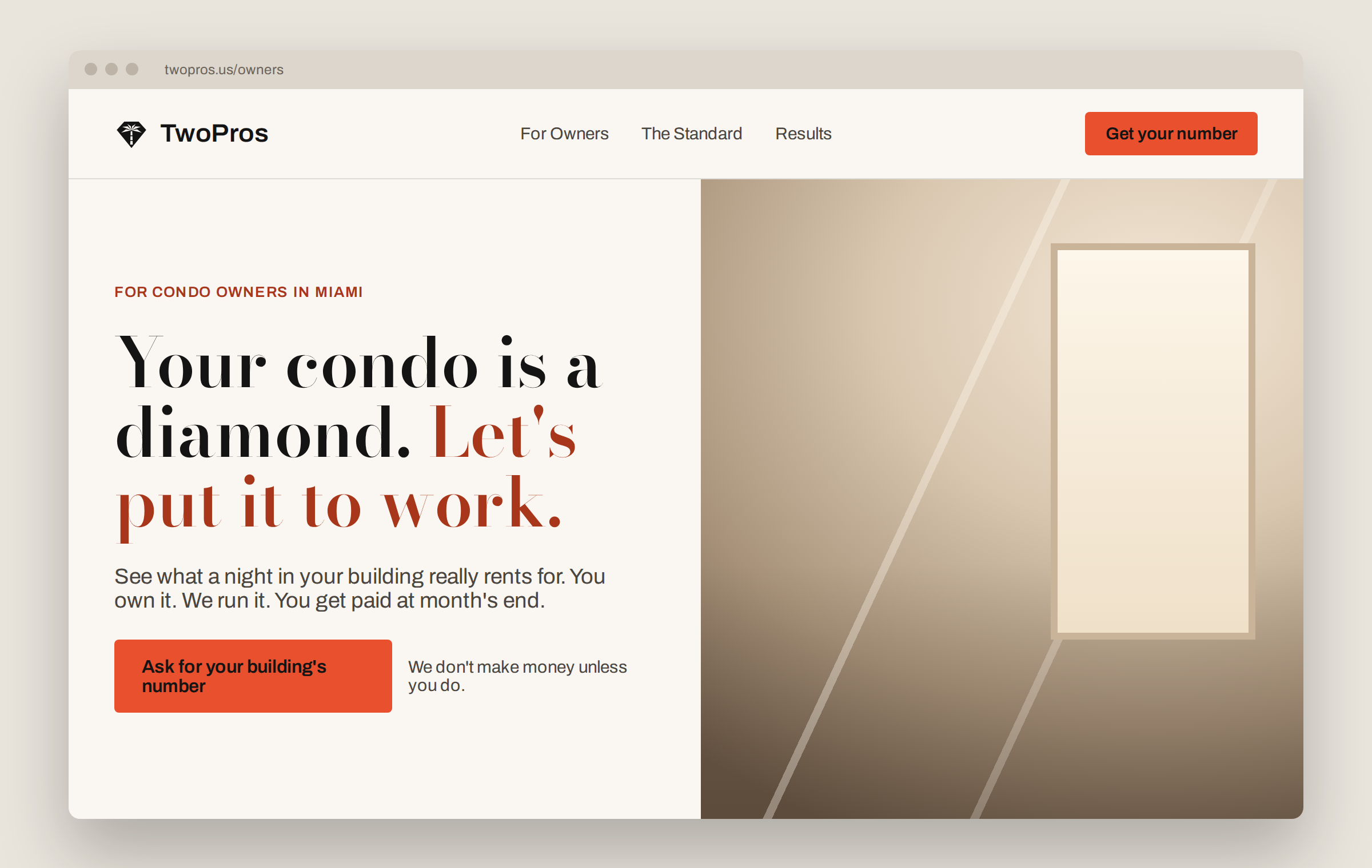 Mockup of a TwoPros owners page with the palm and diamond symbol and the headline Your condo is a diamond. Let's put it to work.